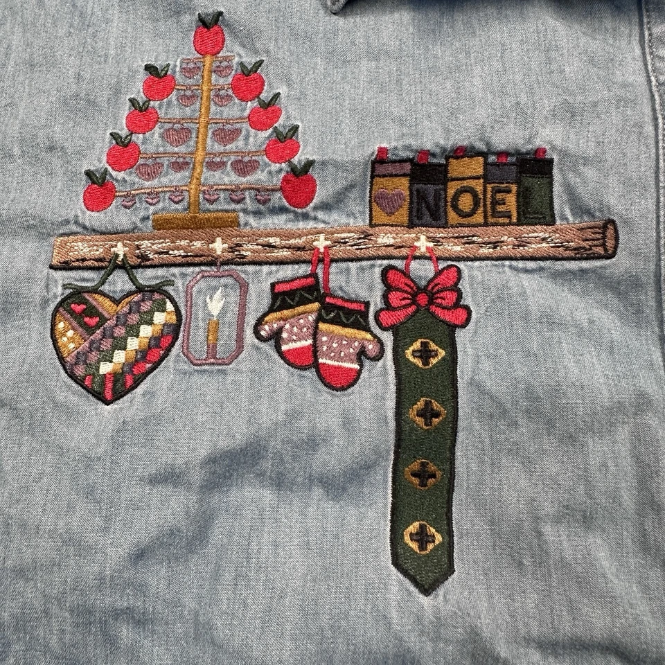 Camisa De Colección Woolrich Bordada Navidad Cambray Denim Botón Para Mujer L DEFECTUOSA Foto 4 de 4