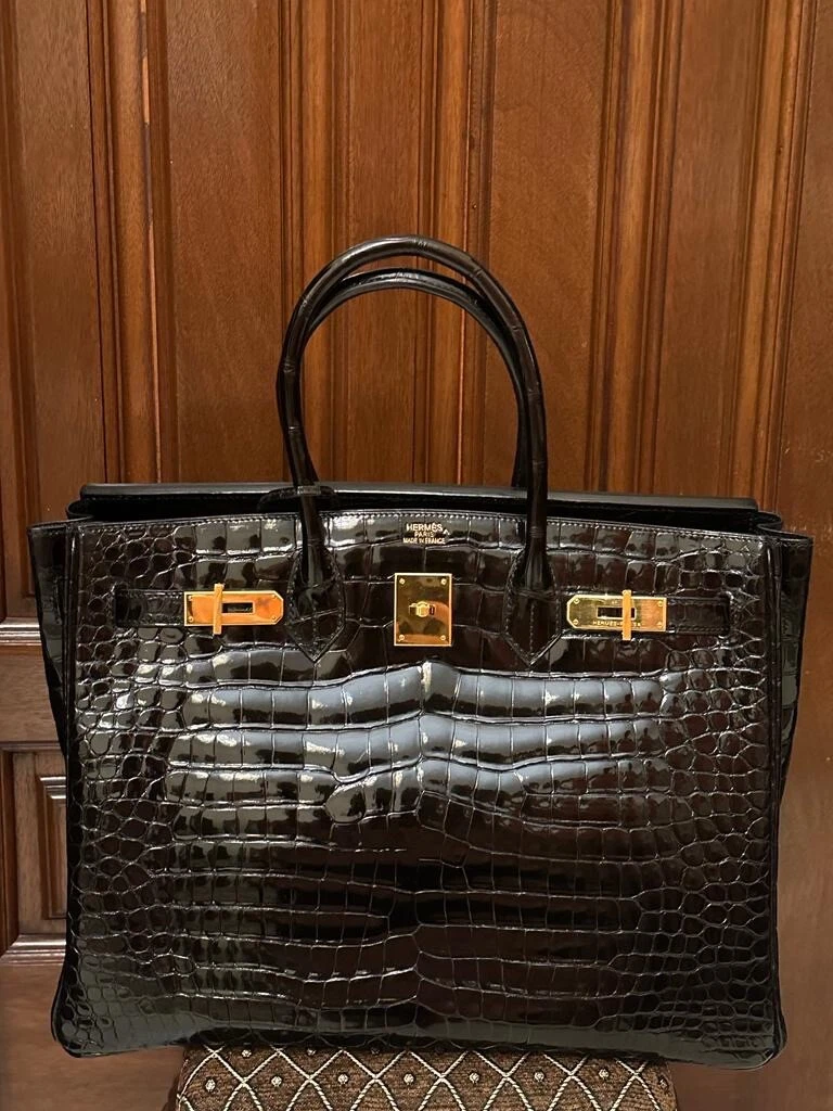 Hermes Shiny Porosus Crocodile Birkin Bag 35 Black