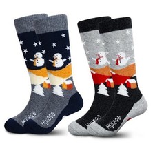 Merino Wool Ski Socks Kids, Knee-high Warm X-Small Black Grey 2 Pairs 