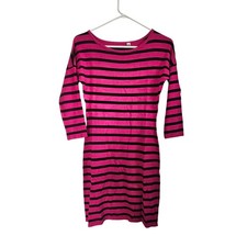 Womens Pink Black Striped Sweater Dress 3/4 Sleeve Boat Neck Size M