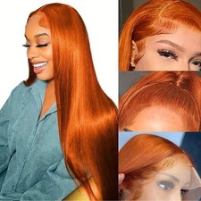 26 Inch Ginger Lace Front Wig Human Hair Transparent Fiumer 13x4 Straight Orange