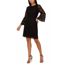 Adrianna Papell Black Cocktail Dress Floral Lace Long Bell Sleeve Sheath Size 6