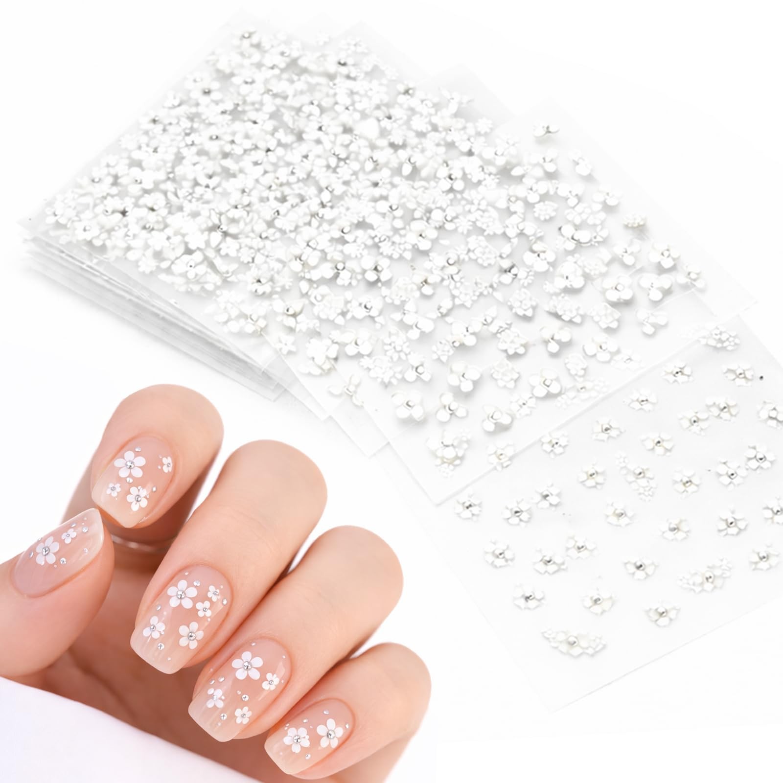 30 Sheets 3D White Flower Nail Art Stickers with Rhinestones –