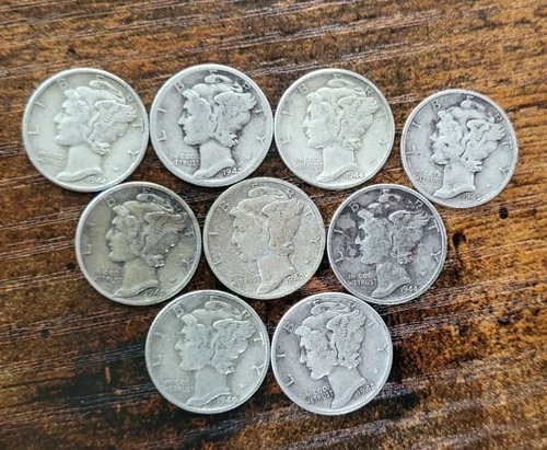 US 90% Mercury Dimes Lot Of 9 Various Dates Circulated