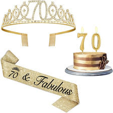 70Th Birthday Decorations for Women Gold with Sash and Tiara, Gold Number Candle