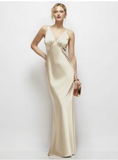 Champagne Satin V-Neck Slip Maxi Dress Sleeveless Zip Back M-A