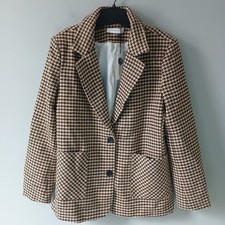 Commense Womens Size Large Tan Brown Houndstooth Two Button Blazer Pocket NWT  