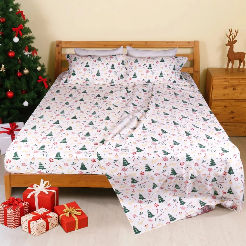 Juego de sábanas navideñas KINGREST 100 % algodón estampado bolsillo profundo ajuste 16" transpirable Foto 2 de 4