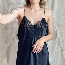 Vintage Black Satin Lace Lingerie Slip Dress