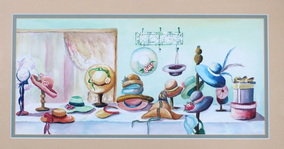 Colección De Sombreros Acuarela Pintura Firmada J Salvaje Enmarcado Foto 3 de 4