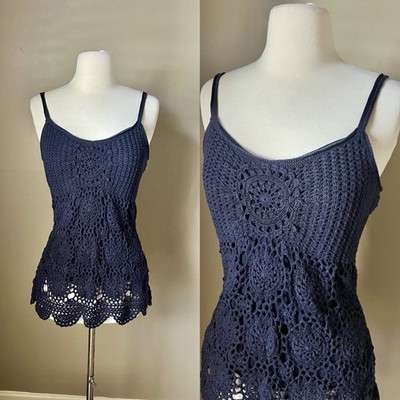 Vintage 90s Y2K INC Concepts Top Womens Large Blue Crochet Lace Overlay Camisole