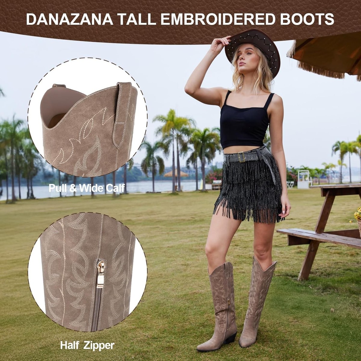 Aizhenzm Women's Cowgirl Boots - Wide Calf, Embroidered, Pointed Toe, Chunky Heel, Side Zipper - View #4