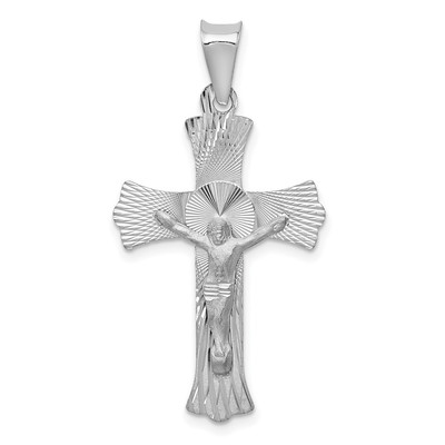 14k White Gold D/C Sunburst Crucifix Cross Charm Pendant 1.42 Inch