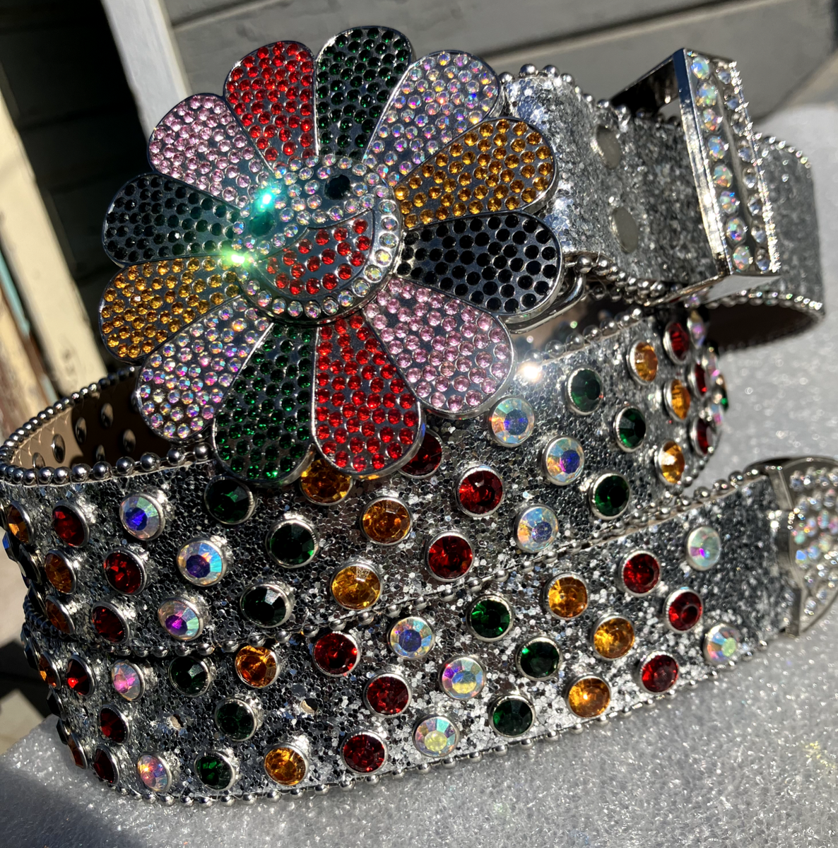 RARE* Y2K MURAKAMI FLOWER SILVER RHINESTONE GLITTER STUDDED BB
