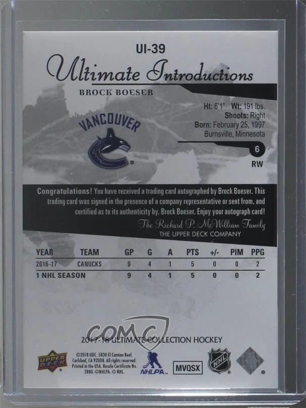 2017-18 Ultimate Collection Gold Spectrum /99 Brock Boeser #UI-39 Rookie Auto RC - Image 2 of 2