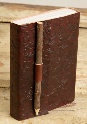 Embossed Leather Journal + Wood Pencil ~ 200 5''x7'' 'Vellum' Pages Handmade