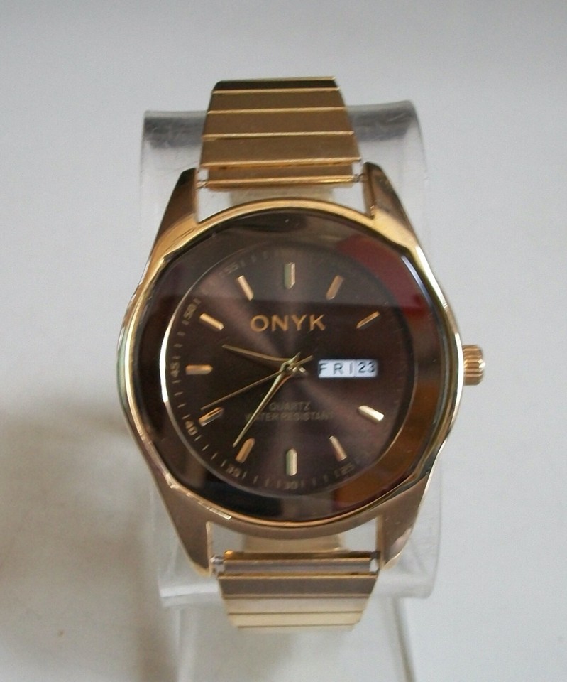 Men's Dressy Casual Stretch Band Gold Finish Brown Day & Date Dial