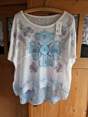 Neu ITALY MODA Tunika Bluse  38 40 42  Baumwolle Weiss Türkis Pailetten