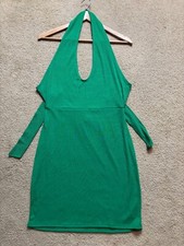 NWT PrettyLittleThing Green Ribbed Halter Open Tie Back Bodycon Mini Dress 10