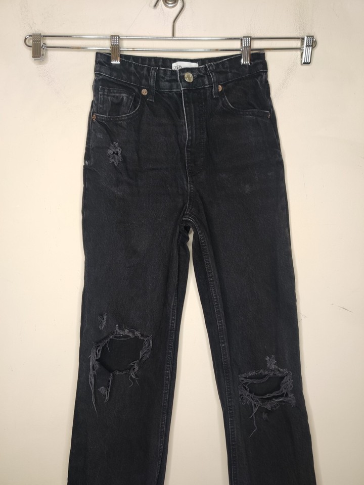 Zara High Rise Distressed Ripped Jeans Size 4 Raw Hem Wide Leg 29