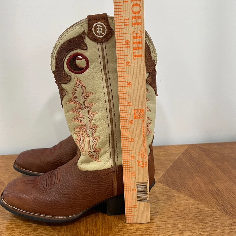 Tony Lama 儿童靴 2.5 D 棕褐色象牙色西部牛仔人造皮革 LL400 — 第 2/4 张图片