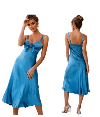 NWT Selfie Leslie Womens Sleeveless Perfect Day Satin Midi Dress Teal Small  | eBay