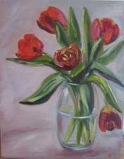 red tulips original oil painting, tulips in vase painting, bouquet of tulips art