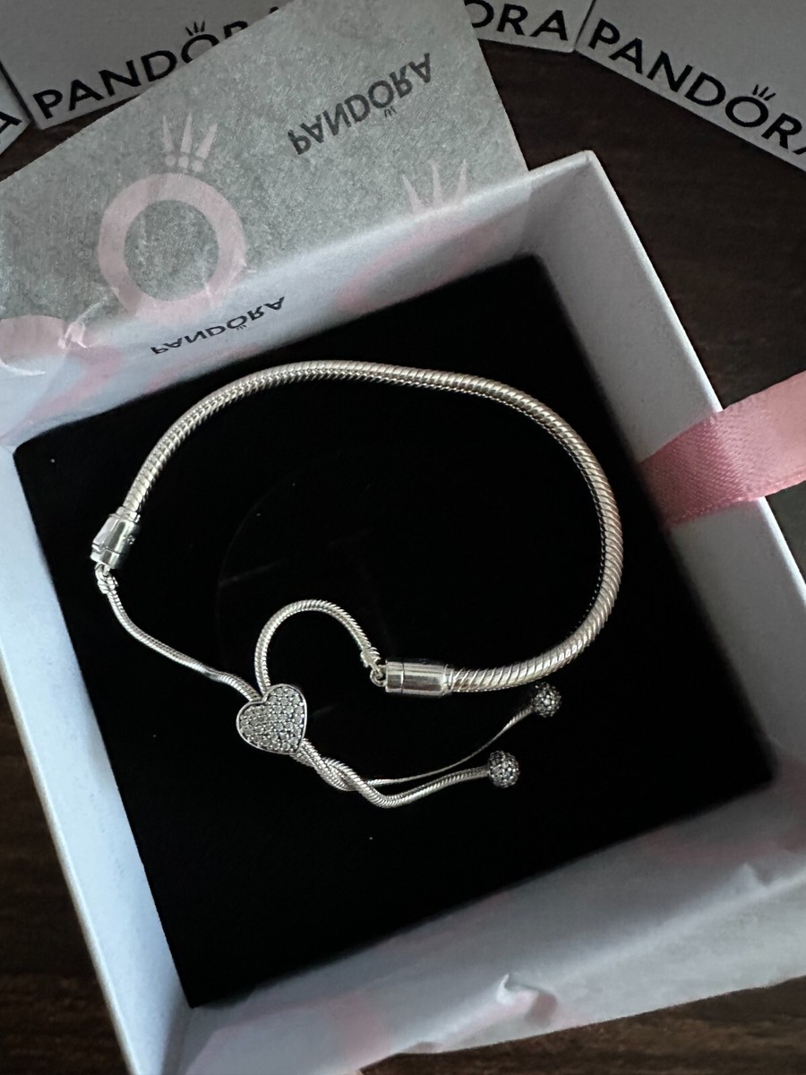 NEW 100% PANDORA 925 Ale Pave Heart Clast Slider Charm Bracelet