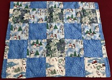 Handmade Reversible Blue Patchwork SNOWMAN  POINSETTIA Quilt Blanket, 42" x 68"