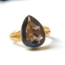 Pear Smoky Quartz Silver 18K Yellow Gold Plated Handmade Gift Ring Size 7
