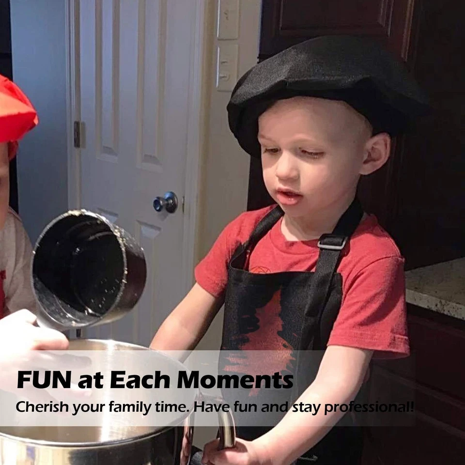 3 Pack Kid's Apron with Chef Hat Set - Children’s Bib with Pocket (Black) - Image 4 of 4