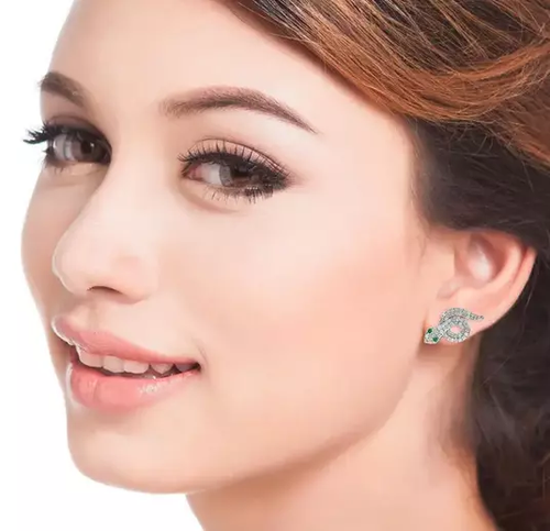 Royal Art Deco Snake Design Lab-Created White Diamonds & Green Emeralds Earrings - Picture 3 of 4