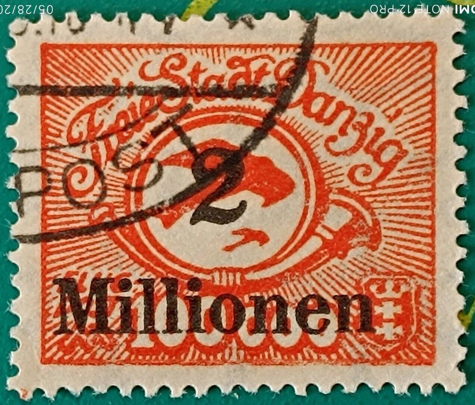 Gdansk stamp 1923, DANZIG- Sc C24 AP5 2mil m on 100,000m scarlet, Perf. 14, used - Image 3 of 4