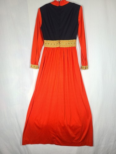 Vtg 70s Maxi Dress Black Red Cowl Neck Prong Set Rhinestone Gold Union Tag S Mod - Picture 5 of 14