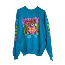 Vintage 80s blue kitchy bear graphic sweatshirt womens XL USA made hearts decora