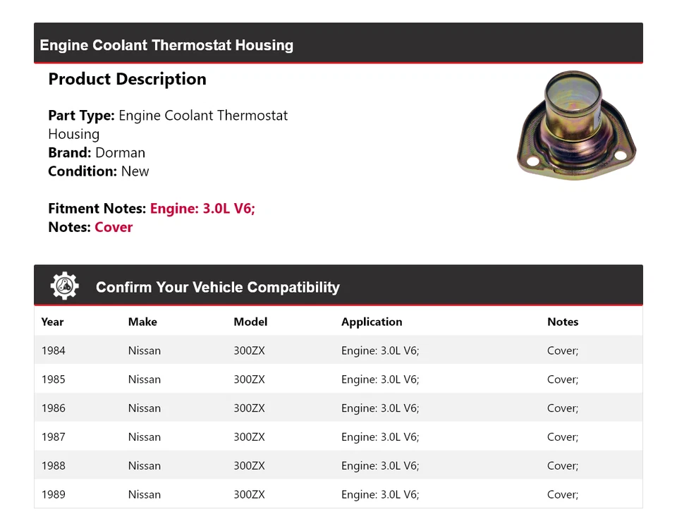 Carcasa termostato refrigerante motor Dorman V6 3,0 L Nissan 300ZX 1984-1989 Foto 2 de 4