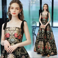 Gorgeous Black Flowers Printed spaghetti strap Long Dresses Party Prom Gown GHJK