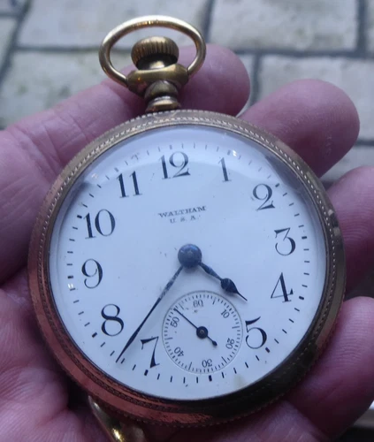 ANTIQUE WALTHAM GENTS GOLD PLATED OPEN FACE  POCKET WATCH