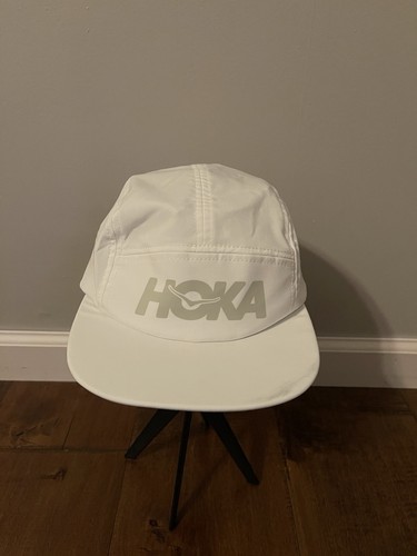 Hoka Summer Mile Club White Gray Vented Athletic Stretch Running 5 Panel Hat Cap