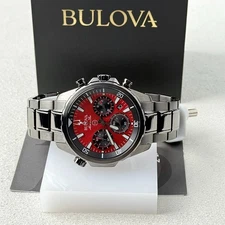 Bulova Men's Marine Star Chronograph Red Dial Stainless Quartz Watch 98B350