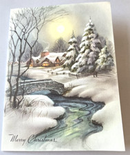 Vintage Christmas Card Stone Bridge Winter Snowy Scene House Trees Stream
