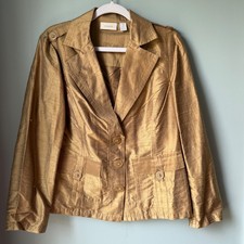 Chico's 100 Silk Gold Jacket Blazer Lightweight Buttons Metallic Size 1 Medium