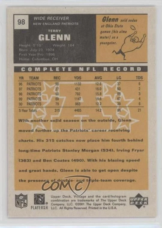 2001 Upper Deck Vintage Terry Glenn #98 - Image 2 of 2