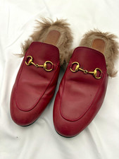 Gucci Princetown Red Leather Fur-Lined Horsebit Slippers Women's EU 37.5 US 7.5