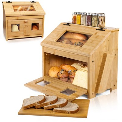 3J2 Discoveries Large Bamboo Wooden Bread Box with Cutting Board