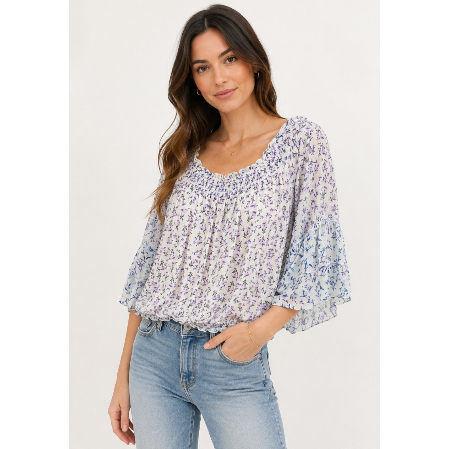 Free People Smocked Off-Shoulder Blouse Womens XL Blue Purple Floral Bell Sleeve