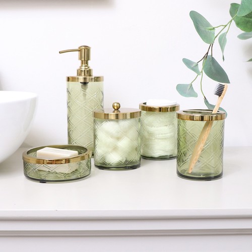 Green Patterned Glass Bathroom Canister with Gold Lid - Picture 6 of 8