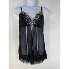 Cacique Womens Chemise 22/24 Black Embroidered Sheer Slip Lingerie Cups