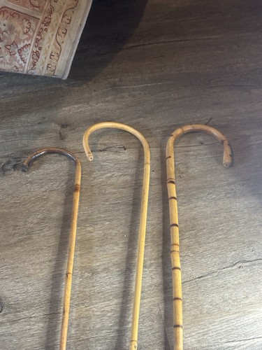 Set Of 3 Vintage Bamboo Burnt Wood Hook Handle Walking Stick / Cane 36” - Picture 14 of 24