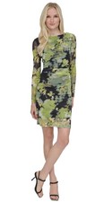 Image of DKNY Long-Sleeve Floral Ruched Midi Dress With Abstract Green & Black Print